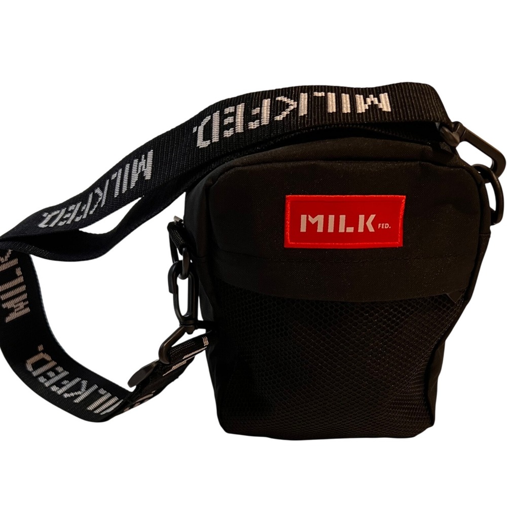 MILKFED. Black Crossbody Bag‎ Red Logo Patch Web Strap Small Purse